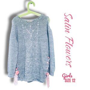 Gray Satin Flowers Grey Sweater with Pink Ribbons. Size 12.